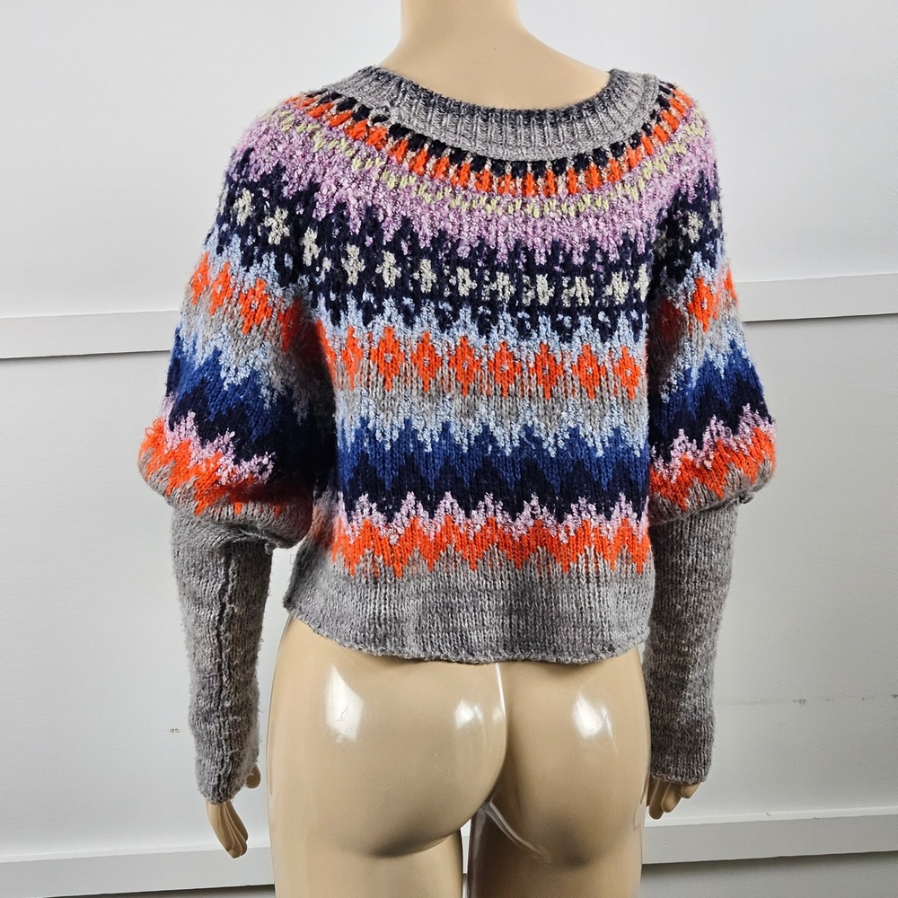 Free People Fair Isle Cropped Wool Blend Sweater Gray Orange Blue Multi L/XL - Picture 4 of 11